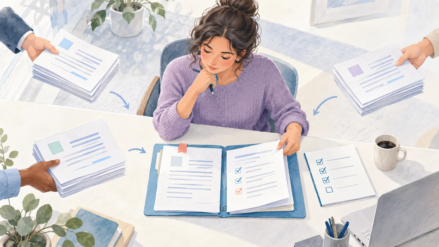 Soft watercolor illustration of an underwriter reviewing an organized folder and checklist as paper submissions arrive from three directions.