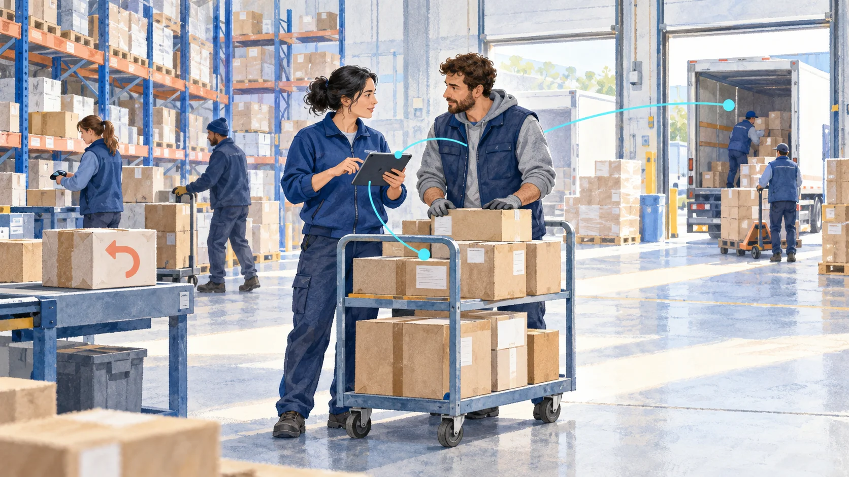 Soft painted illustration of two warehouse colleagues reviewing a tablet beside a parcel cart, with cyan paths connecting the loading area and a returned package.