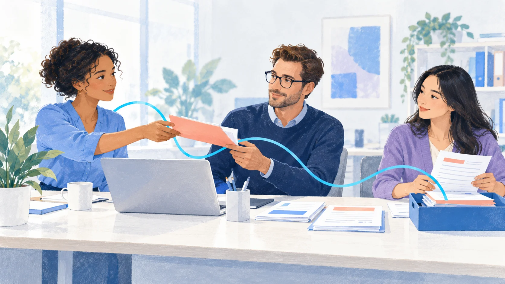 Soft editorial illustration of three insurance colleagues passing a client folder across a desk, with a cyan line linking their workflow.