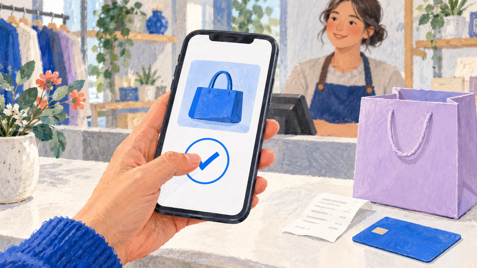 Soft gouache illustration of a shopper holding a phone with a purchase-confirmation check, beside a receipt, blue payment card and violet shopping bag.