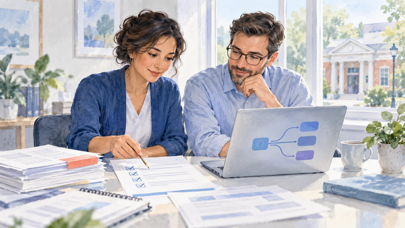 Soft watercolor illustration of two bank colleagues reviewing a checklist, source documents and a blue workflow beside a window overlooking a small bank building.